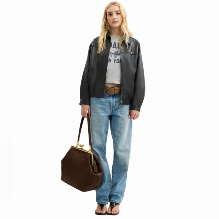 Coach Large Leather Kisslock Frame Shoulder Clutch Bag, Brown